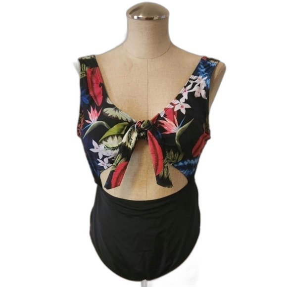 Black floral one piece swimsuit with tie front and high cut bottoms - Picture 2 of 4
